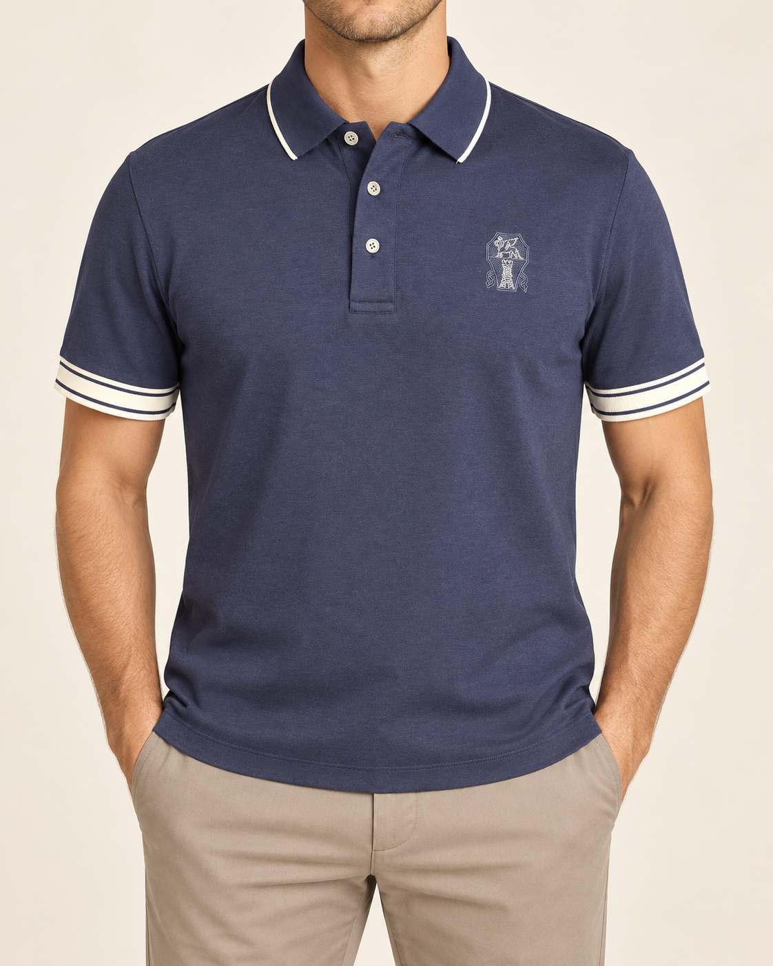 Navy Embroidered Crest Contrast-Trim Polo T-Shirt - front view