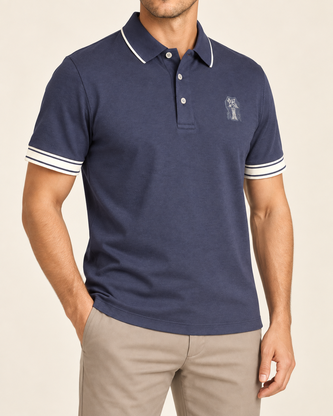 Navy Embroidered Crest Contrast-Trim Polo T-Shirt - view 2