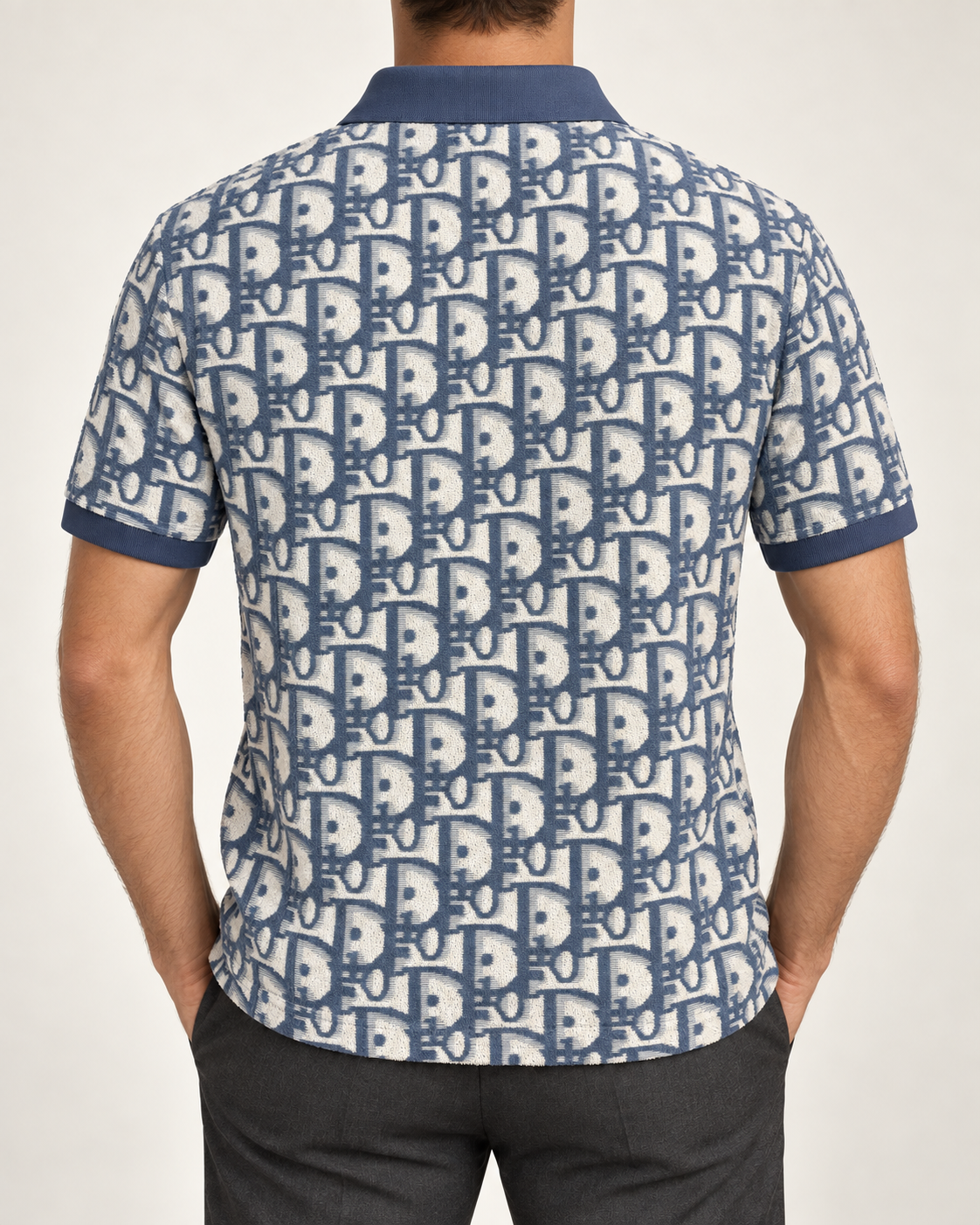 Dusty Blue & Ivory Towelling Monogram Polo Shirt - view 3
