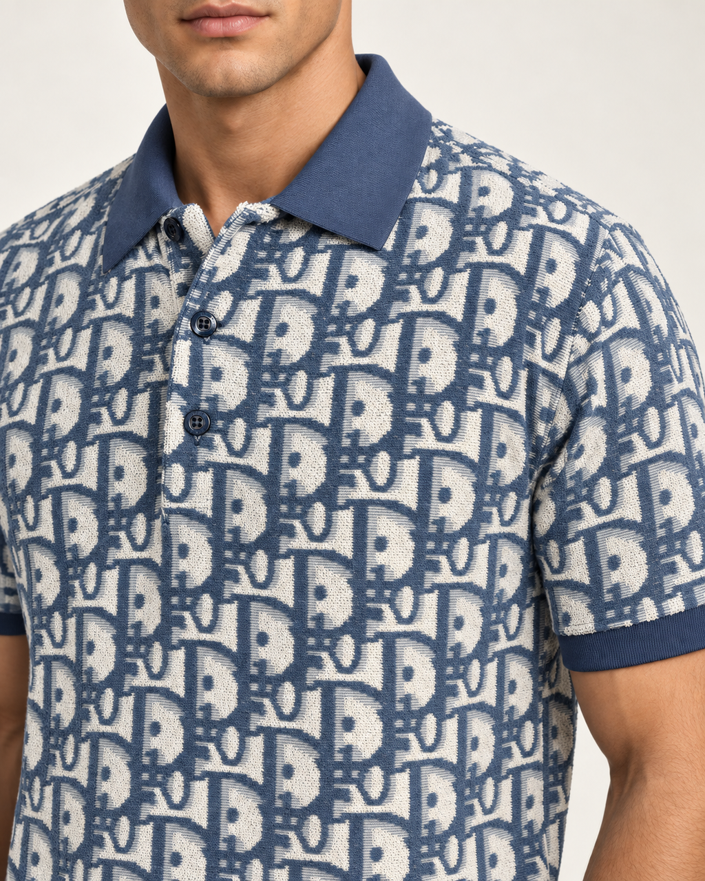 Dusty Blue & Ivory Towelling Monogram Polo Shirt - view 4