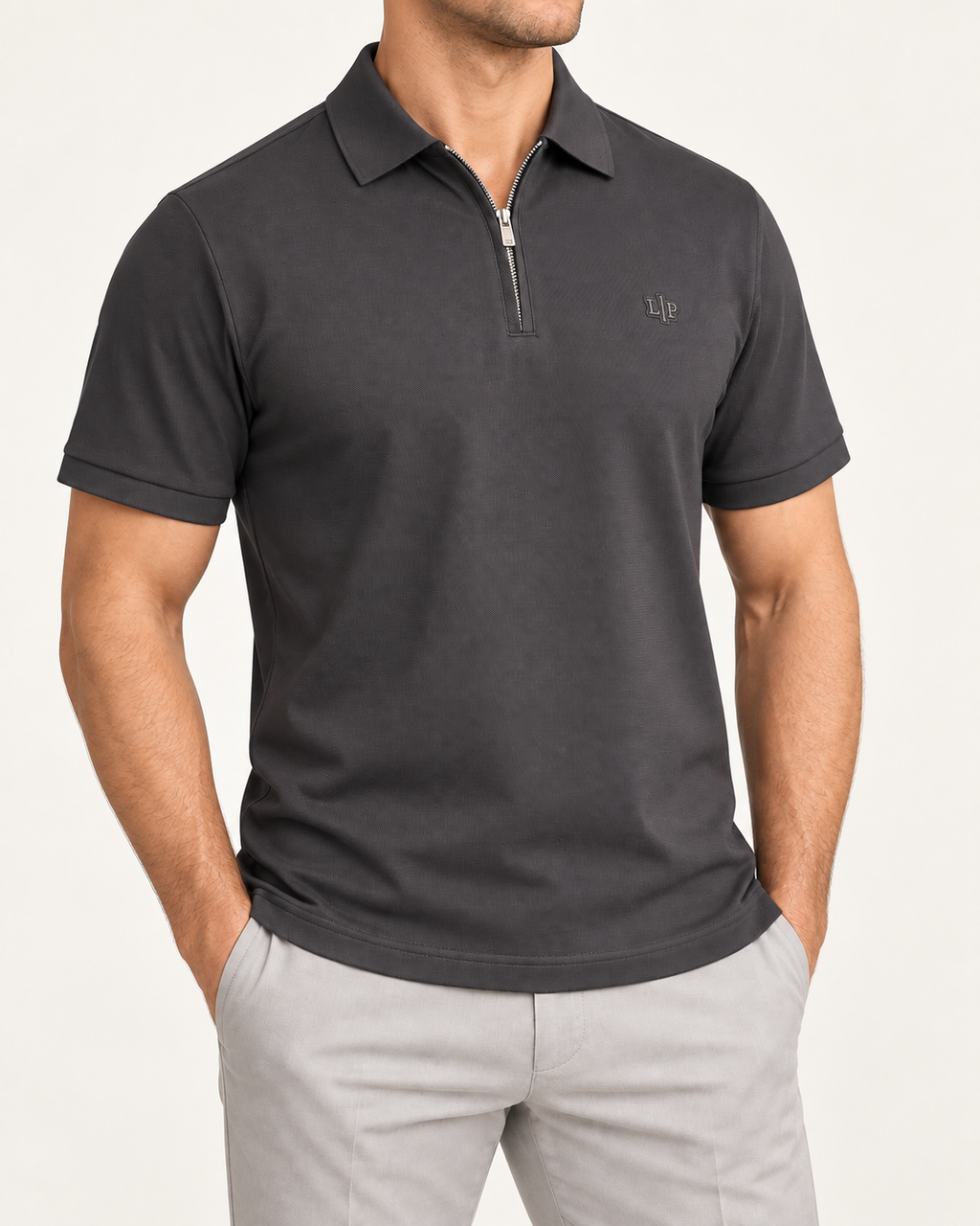 Charcoal Zip-Neck Logo Polo Shirt - view 2