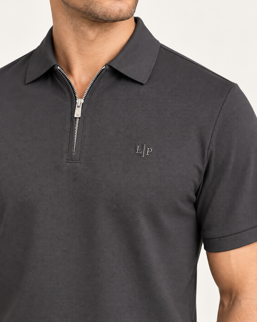Charcoal Zip-Neck Logo Polo Shirt - view 3