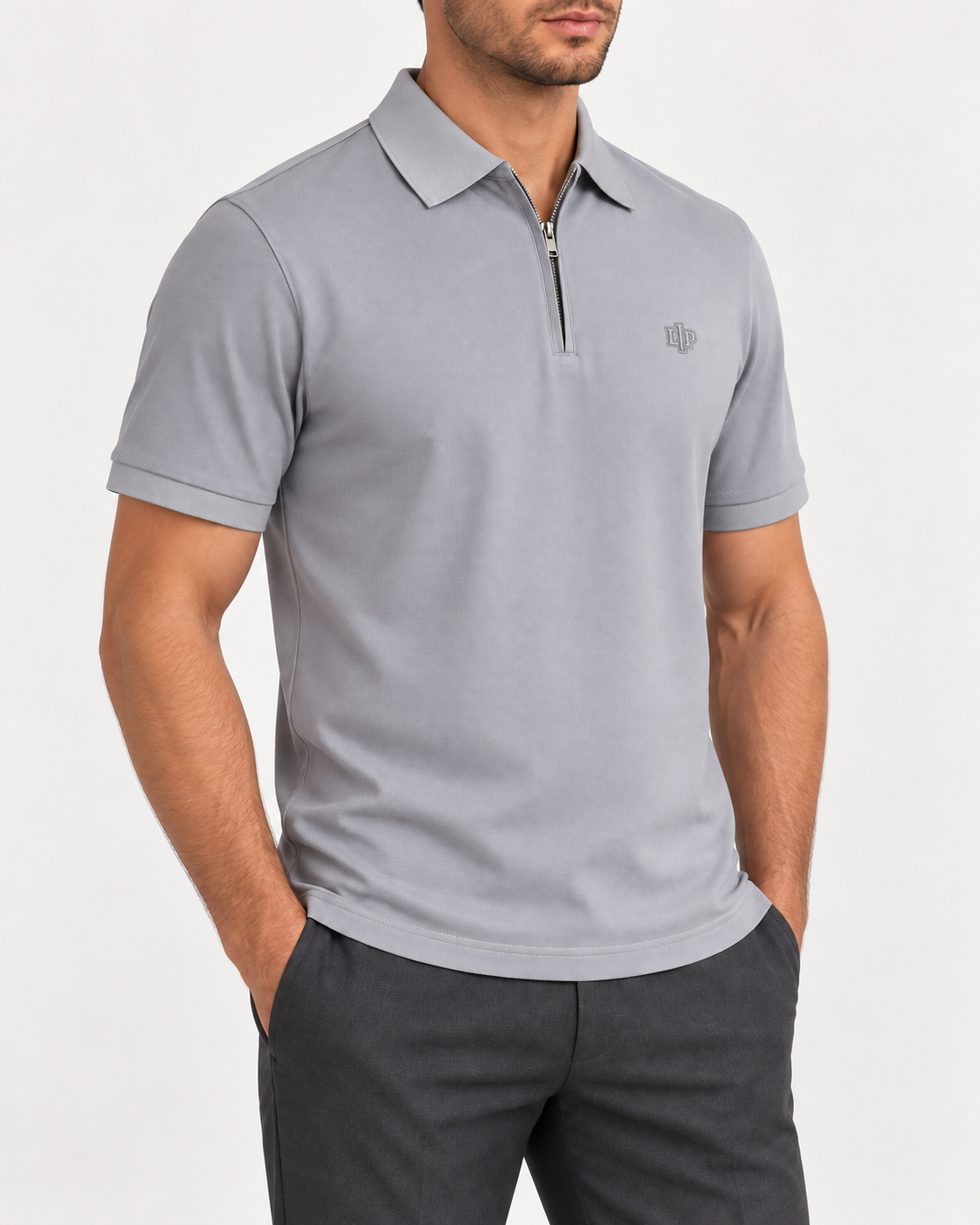Cool Grey Zip-Neck Logo Polo Shirt - view 2