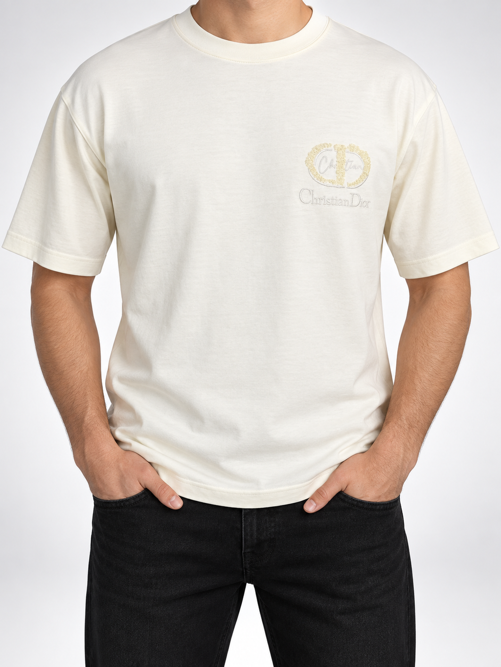 Men’s Ivory Tonal Sequin Monogram Drop-Shoulder T-Shirt - front view