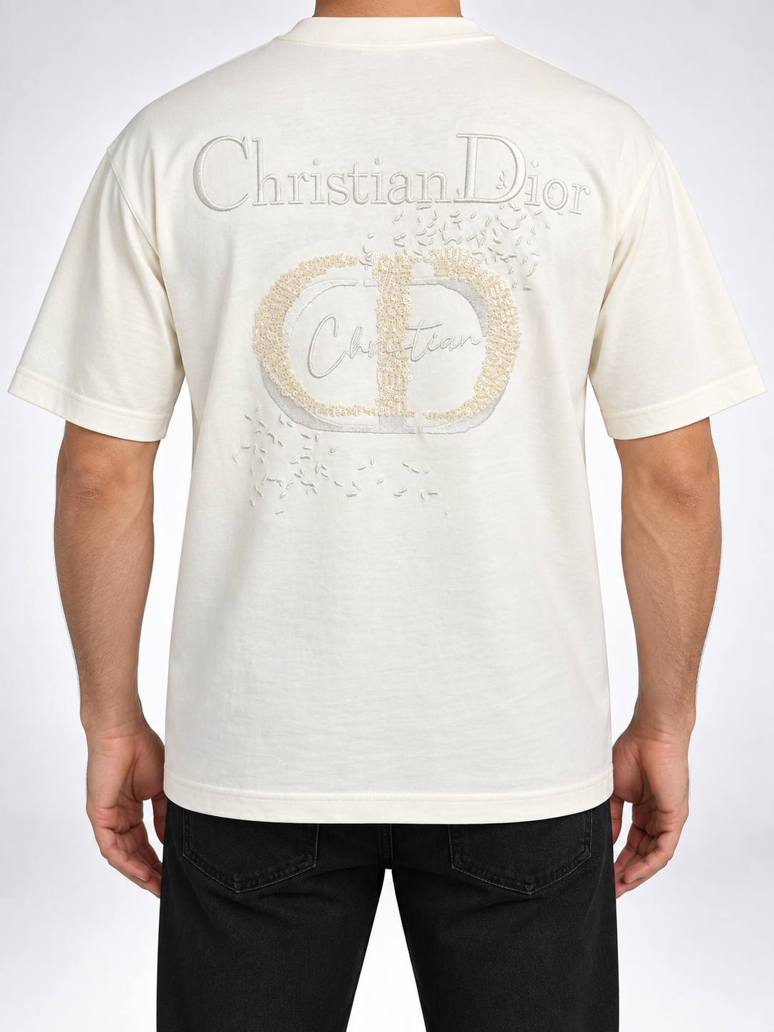 Men’s Ivory Tonal Sequin Monogram Drop-Shoulder T-Shirt - view 5
