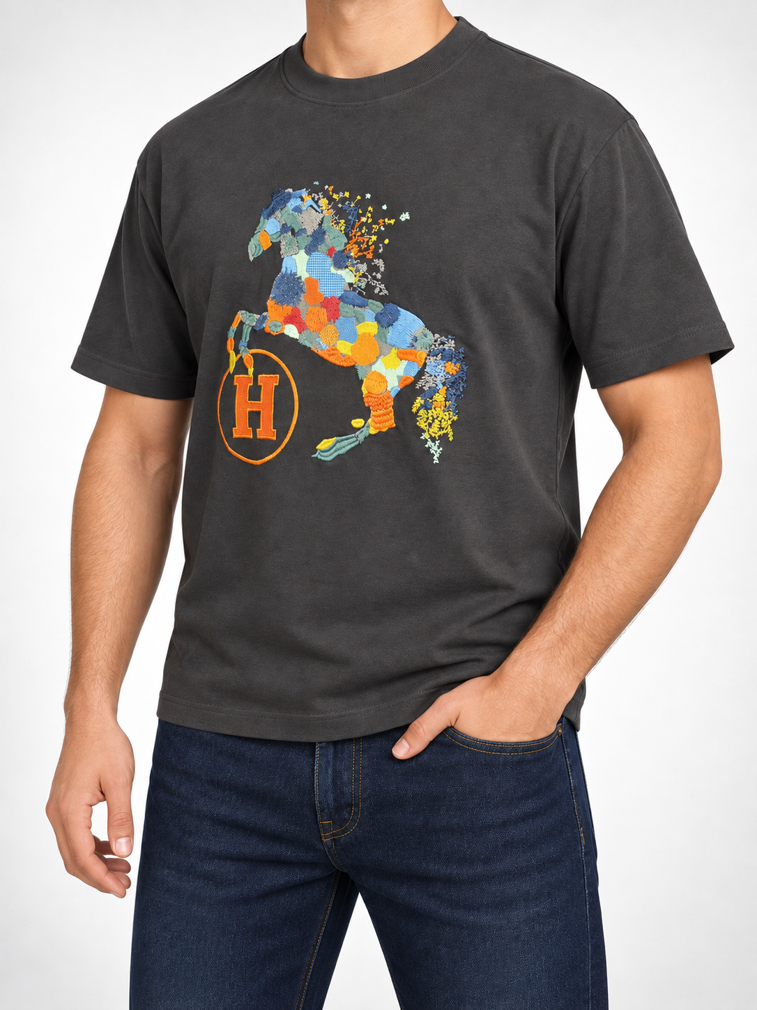 Men’s Charcoal Patchwork Horse T-Shirt - view 3
