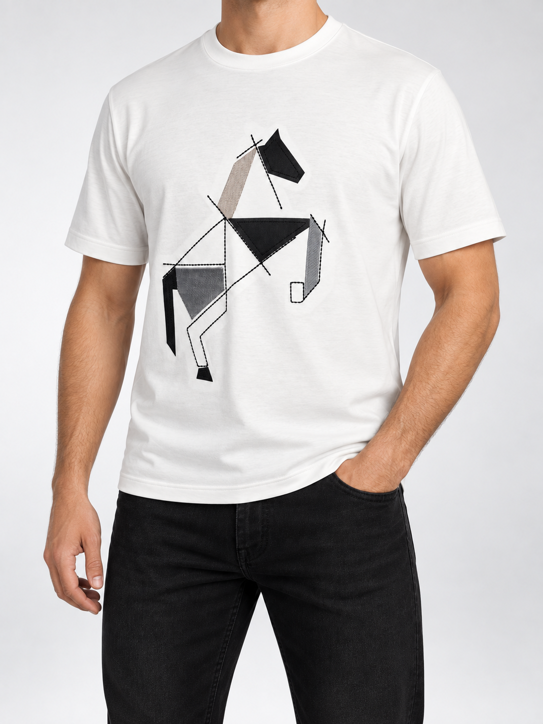 Men’s Ivory Geometric Horse Appliqué T-Shirt - view 2