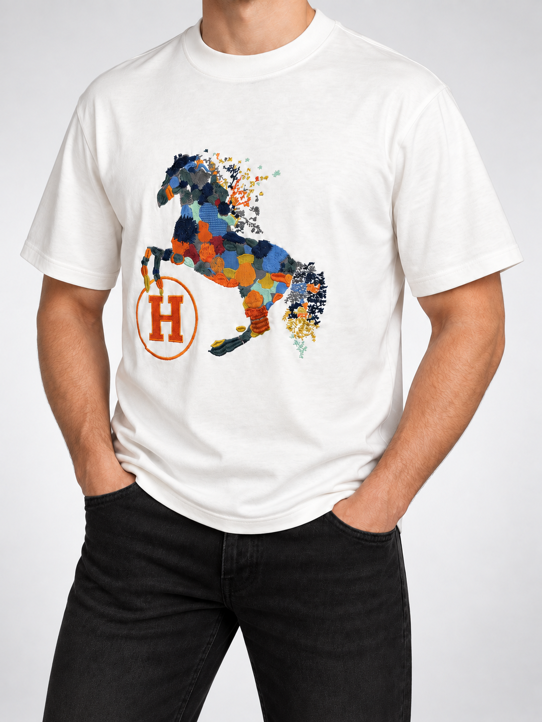 Men’s Ivory Patchwork Horse T-Shirt - view 4