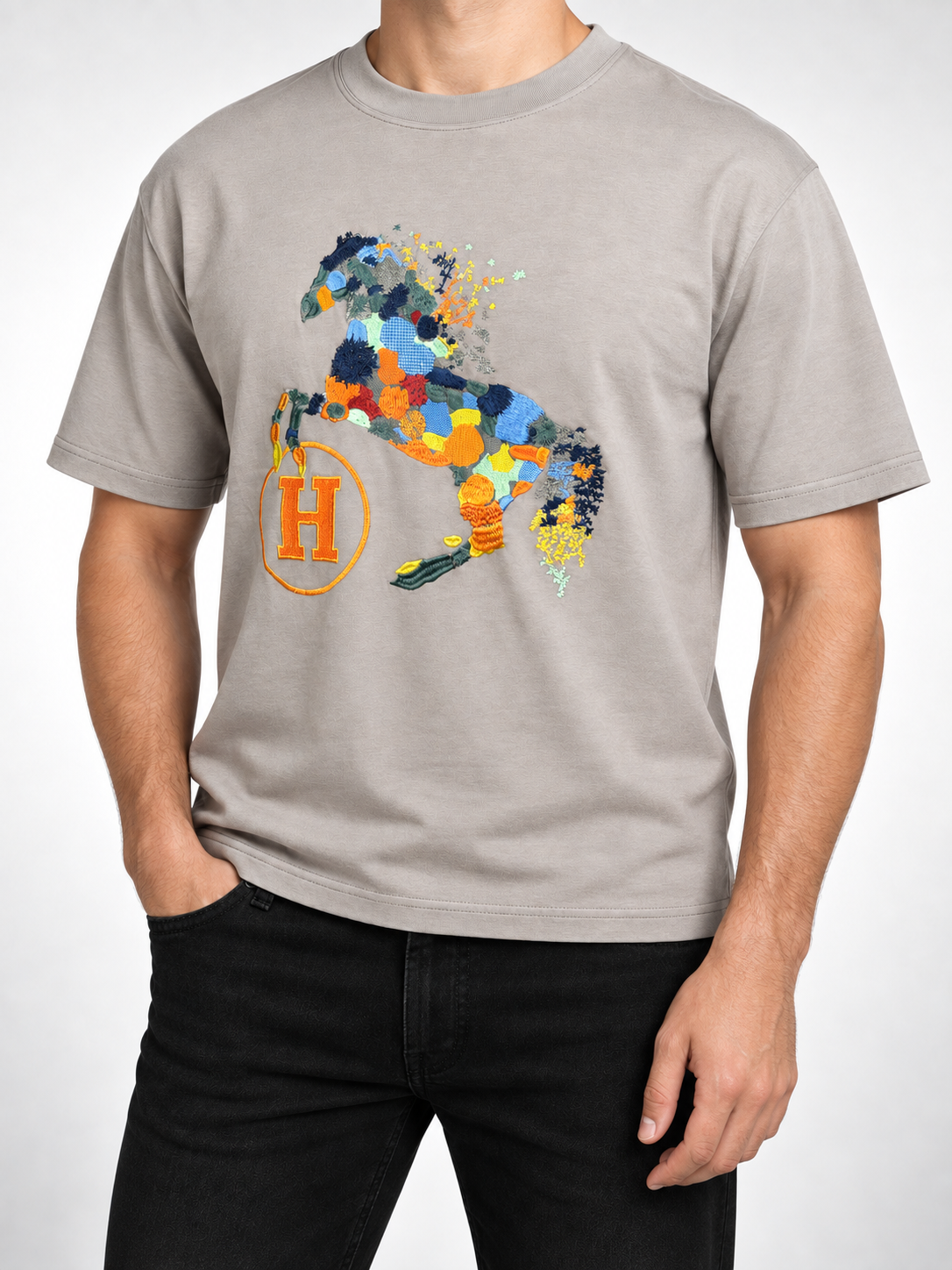 Men’s Taupe Patchwork Horse T-Shirt - view 3