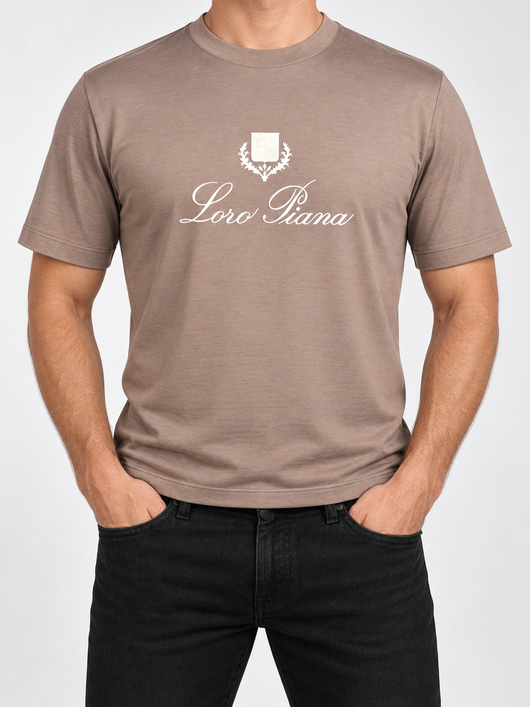 Men’s Taupe Ivory Crest-Script T-Shirt - front view