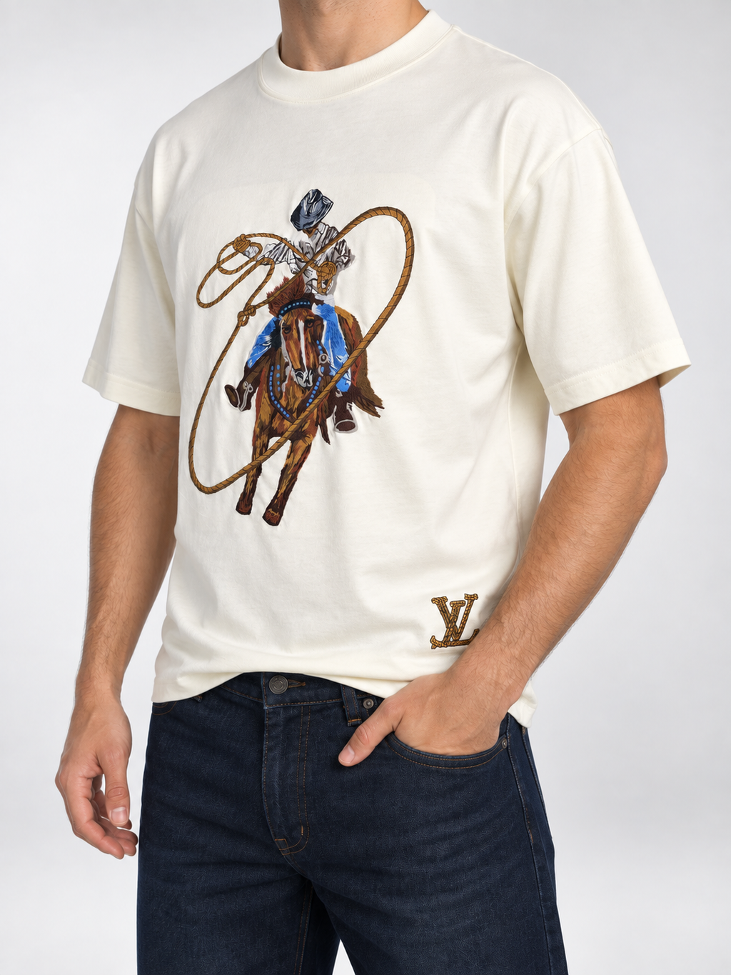 Men’s Ivory Cowboy Embroidered T-Shirt - view 2