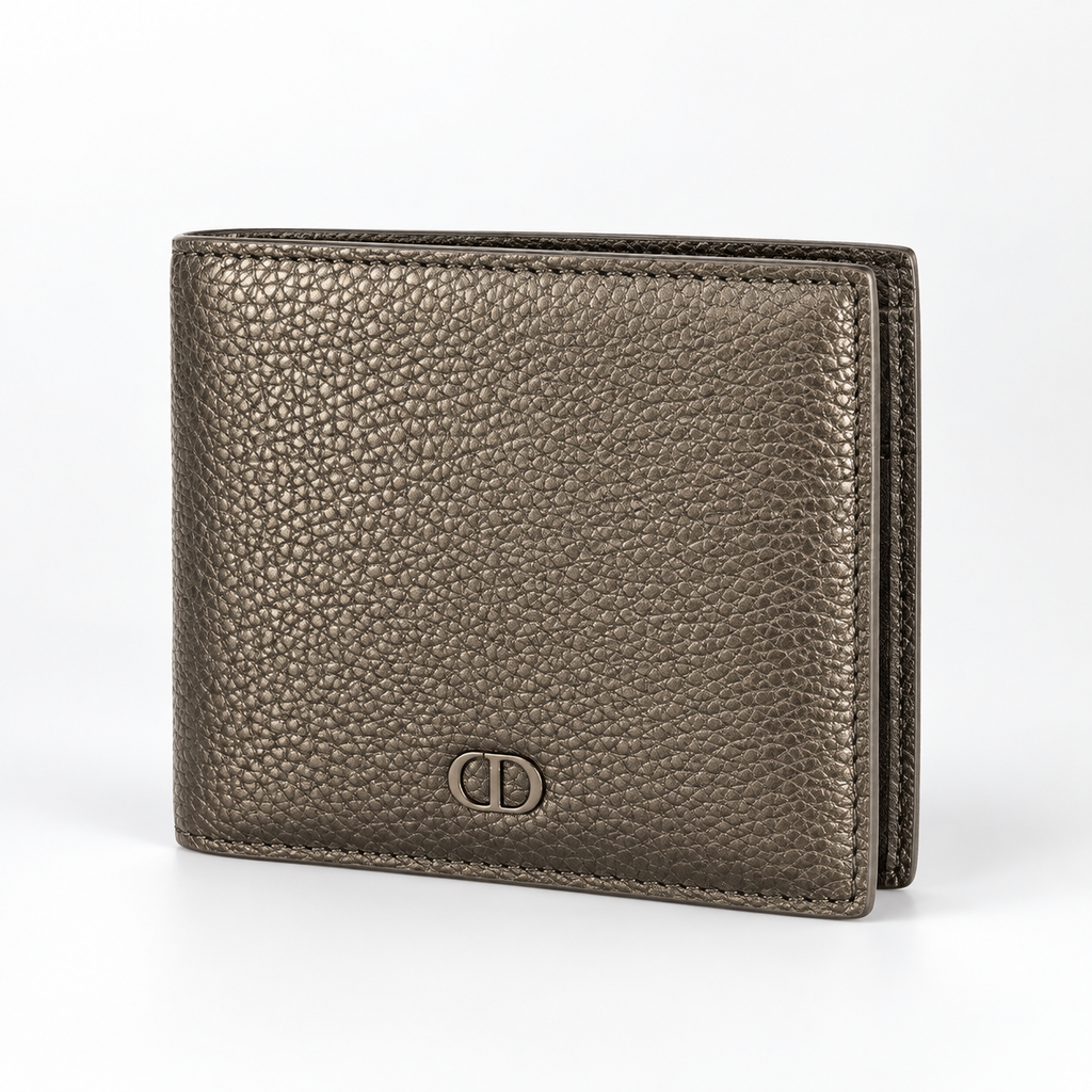 Metallic Pewter Grained Bifold Wallet - front view
