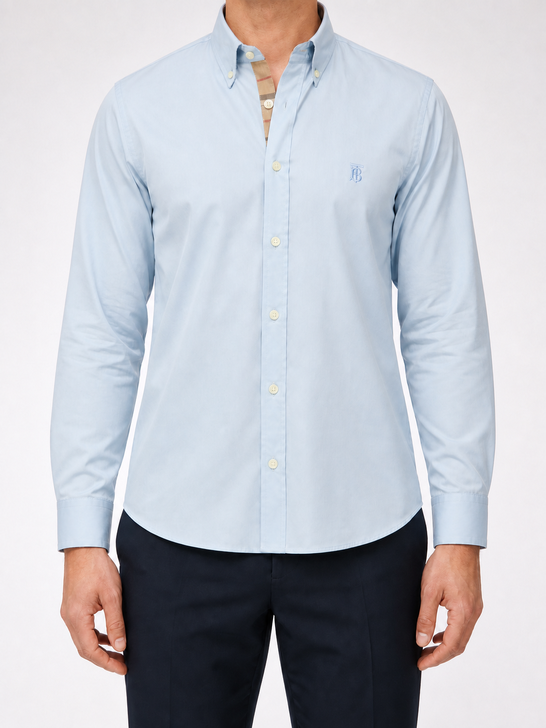 Men’s Pale Blue Check-Detail Shirt - light blue shirt no sleeve print front