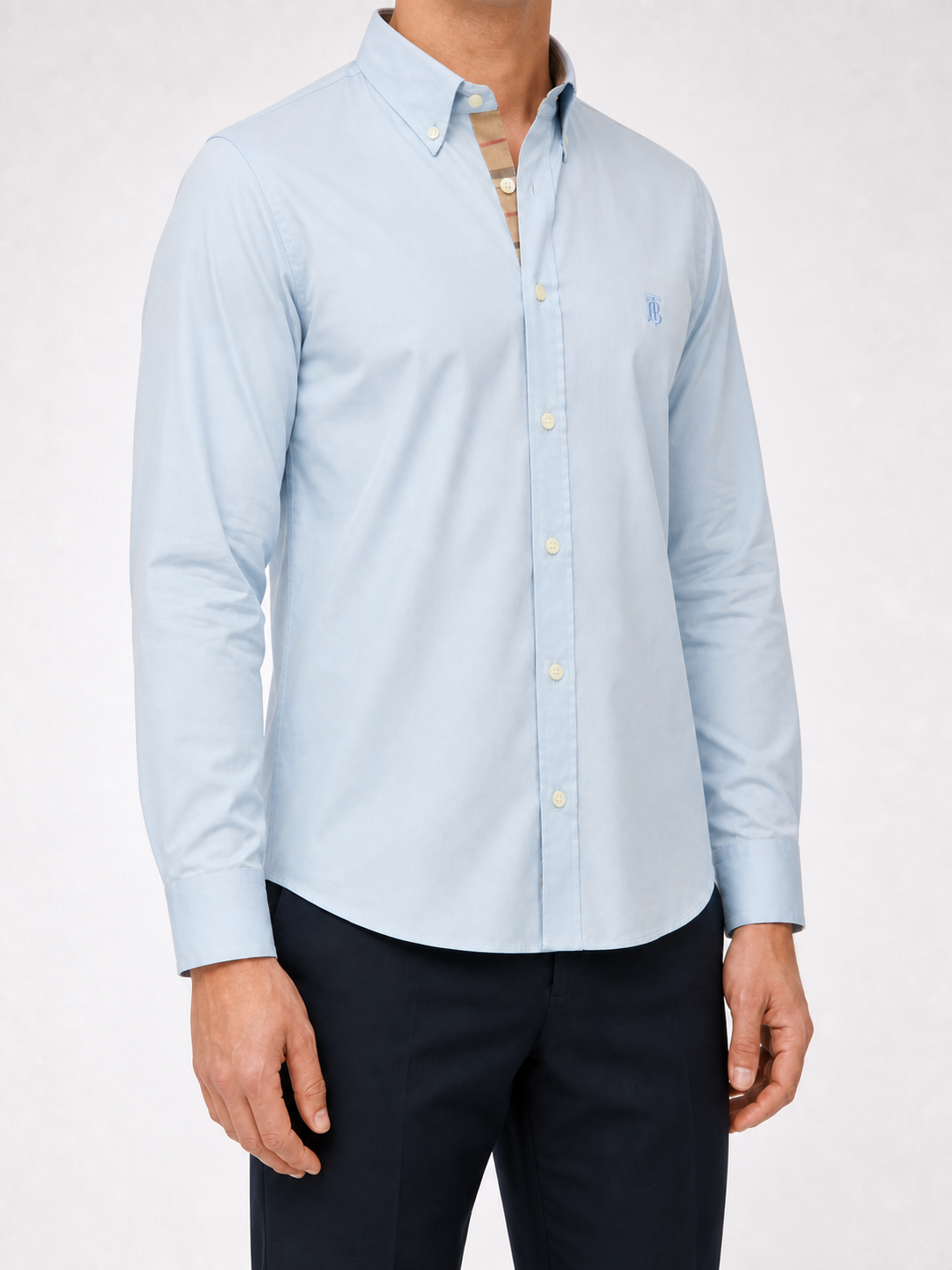 Men’s Pale Blue Check-Detail Shirt - light blue shirt no sleeve print right three quarter