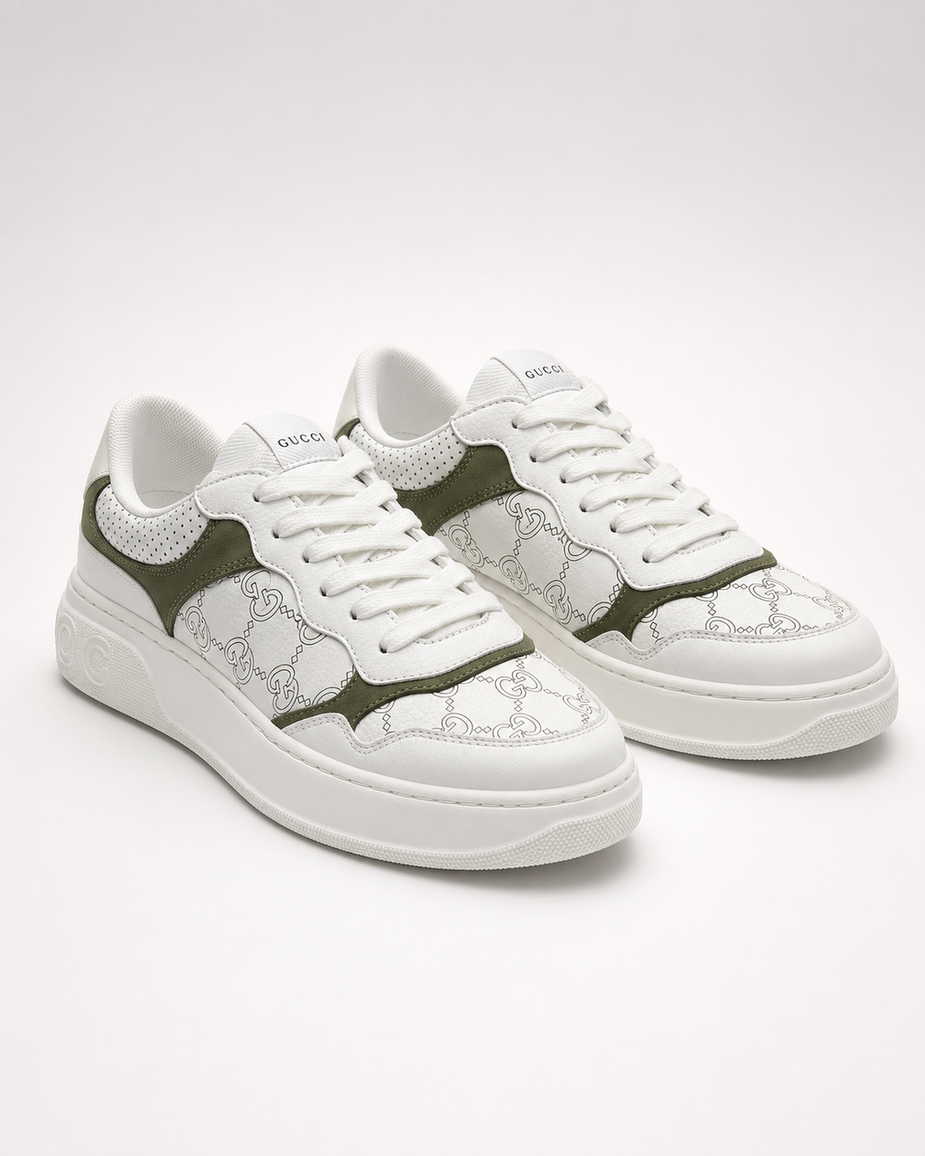 Men’s White & Olive patterned Low-Top Sneakers - luxury gucci low top sneakers