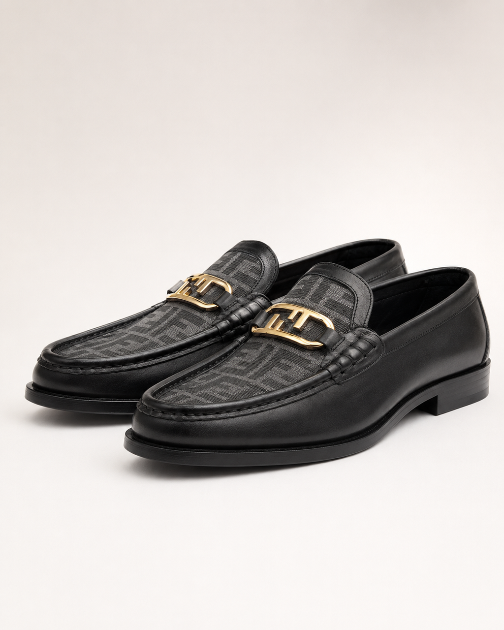 Men’s Black patterned Gold-Buckle Loafers - luxury men's charcoal grey loafers