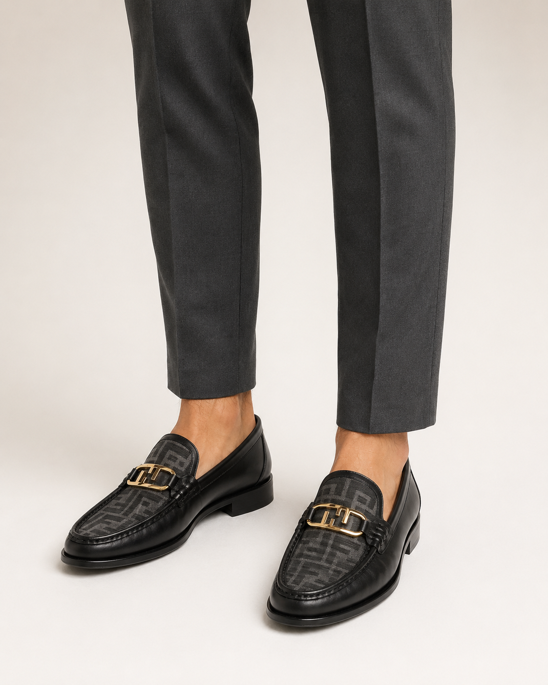 Men’s Black patterned Gold-Buckle Loafers - luxury men's charcoal loafers portrait