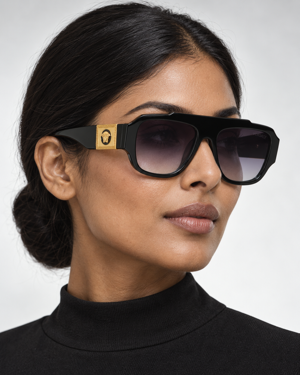 versace ve4436u black purple gradient unisex sunglasses — female model three quarter