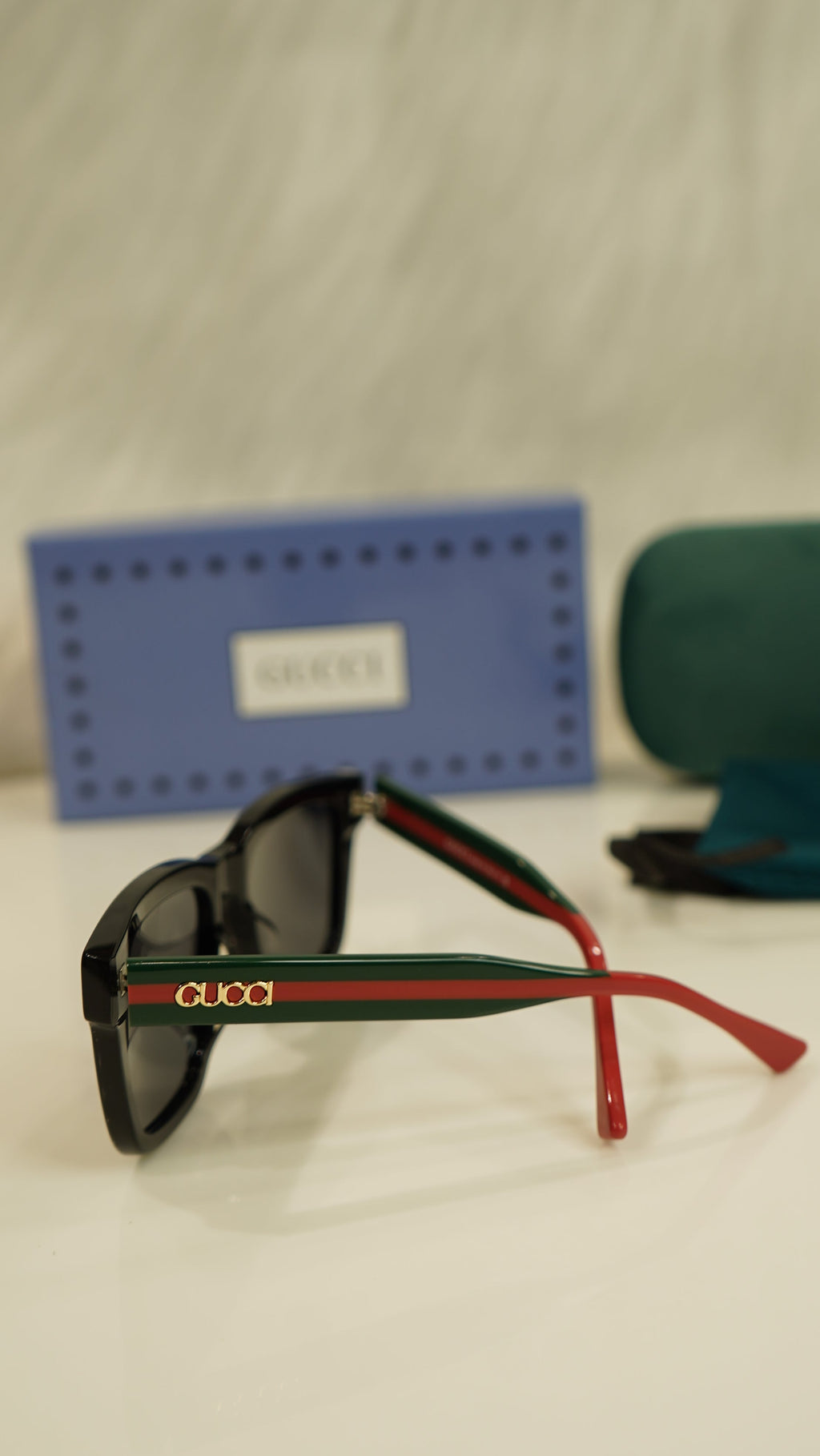 GG black square sunglasses with red and green temples — view 2