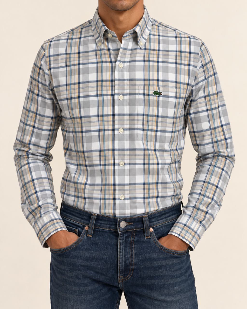LCST — Light Grey & Blue Plaid Button-Down Shirt — front view