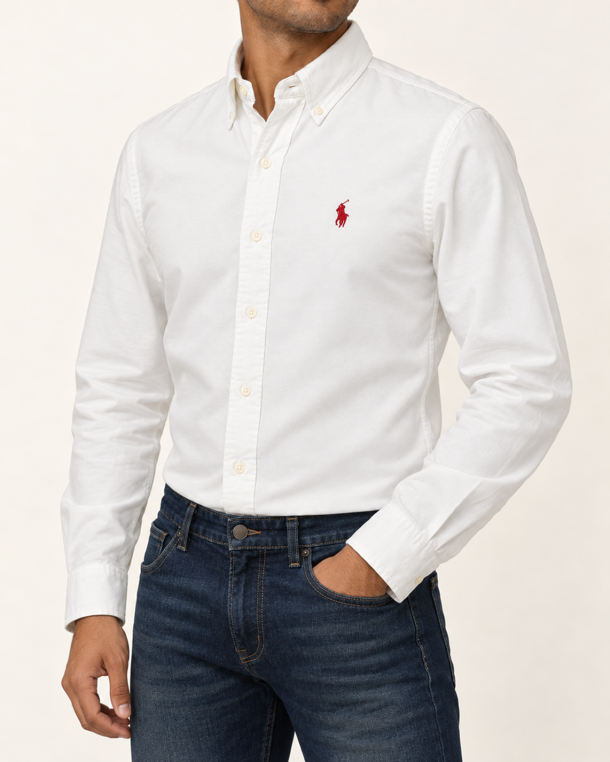 RL — White Button-Down Shirt With Red Embroidery — side view