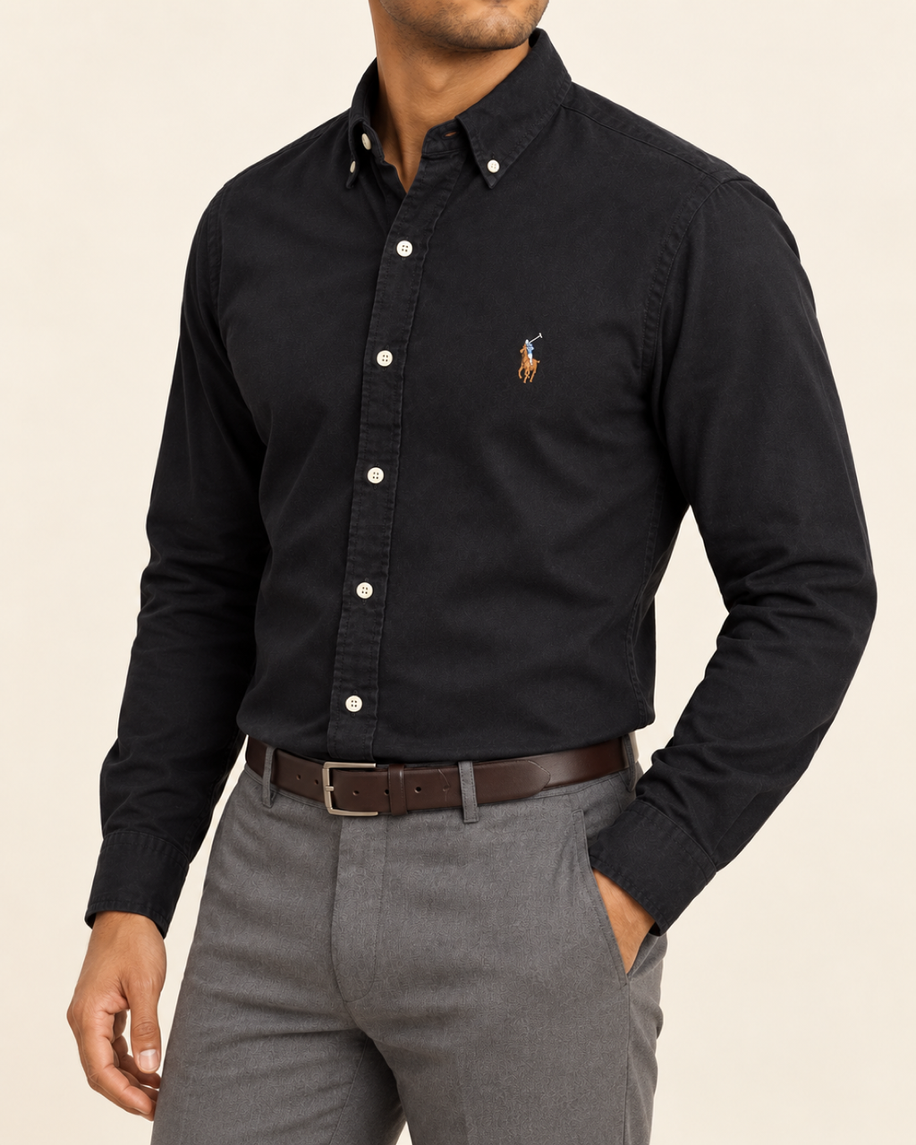 RL — Black Button-Down Shirt — side view