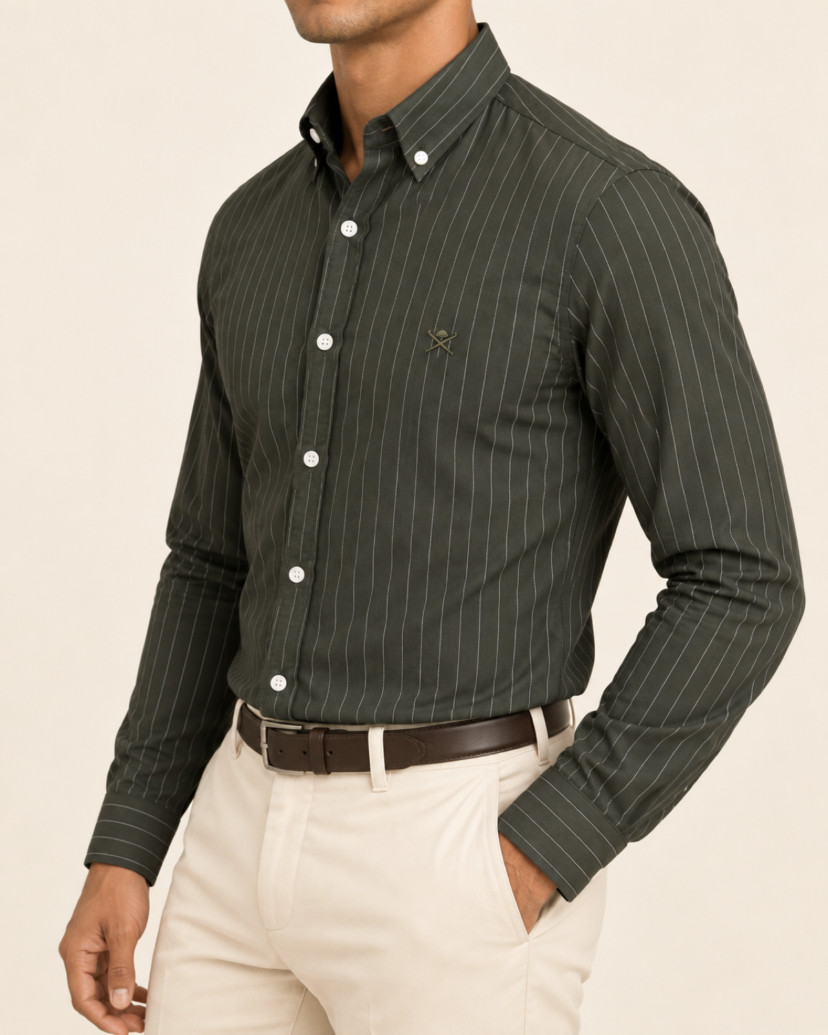 HKTT — Dark Olive Pinstripe Button-Down Shirt — side view