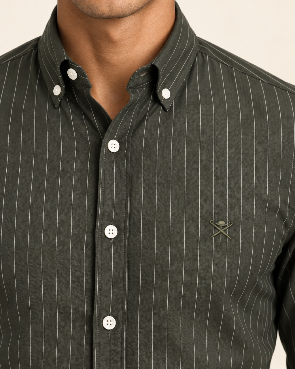 HKTT — Dark Olive Pinstripe Button-Down Shirt — detail view