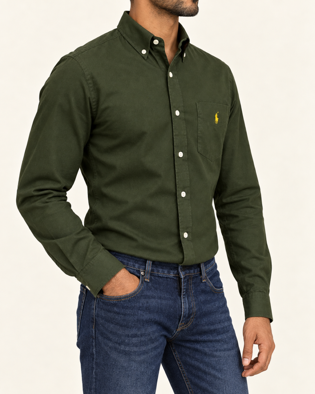 RL — Dark Olive Pocket Button-Down Shirt — side view