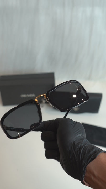 PRD — SPRA11 Glossy Black Gold-Detail Rectangular Sunglasses