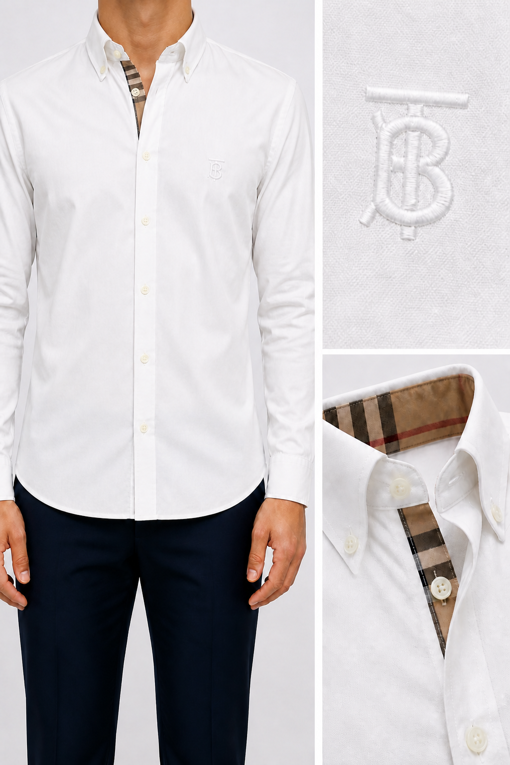Men’s Classic White Check-Detail Shirt - white check trim shirt model details combined