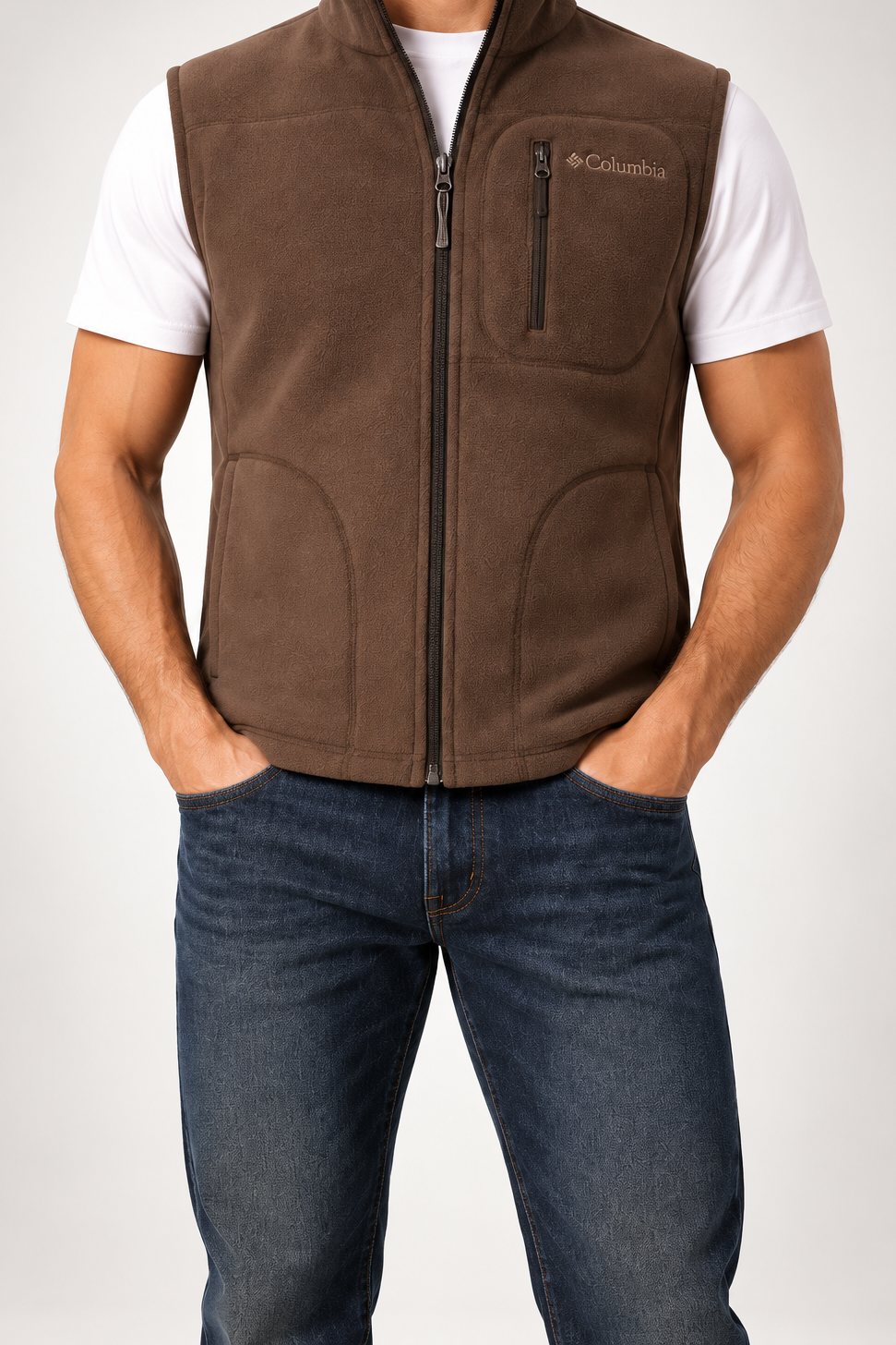 CLMB — Cocoa-Brown Full-Zip Fleece Gilet — front