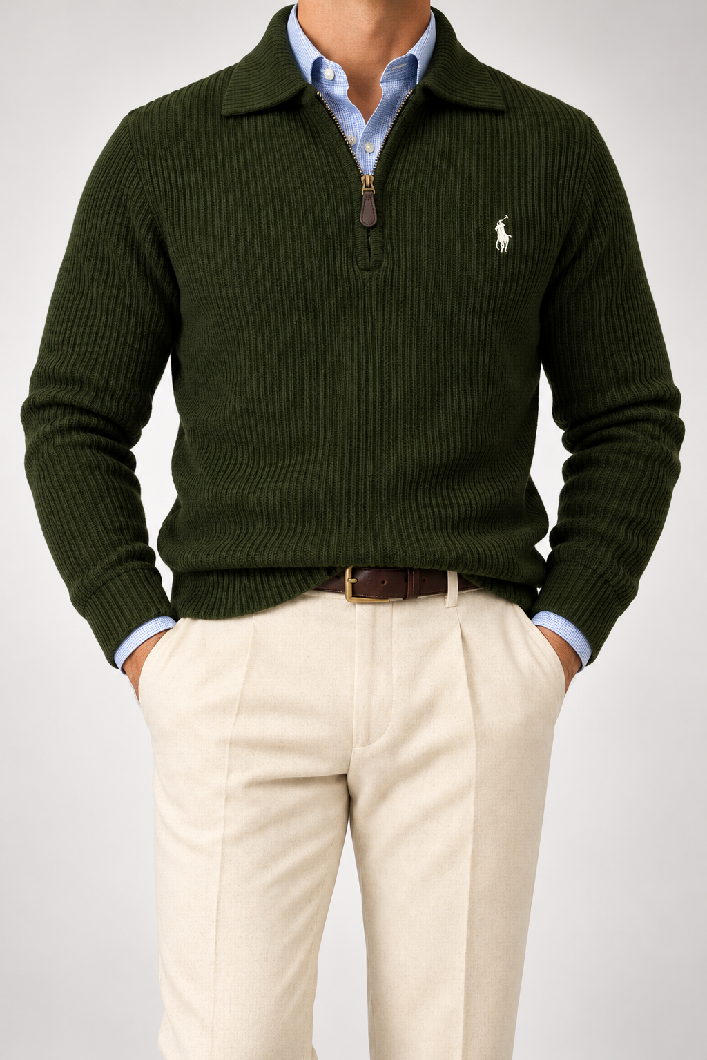 RL — Olive Ribbed Quarter-Zip Pullover — front