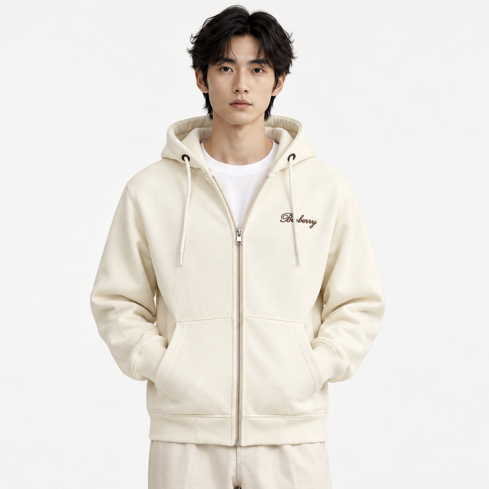 BRBRY — Cream Check-Script Full-Zip Hoodie — front
