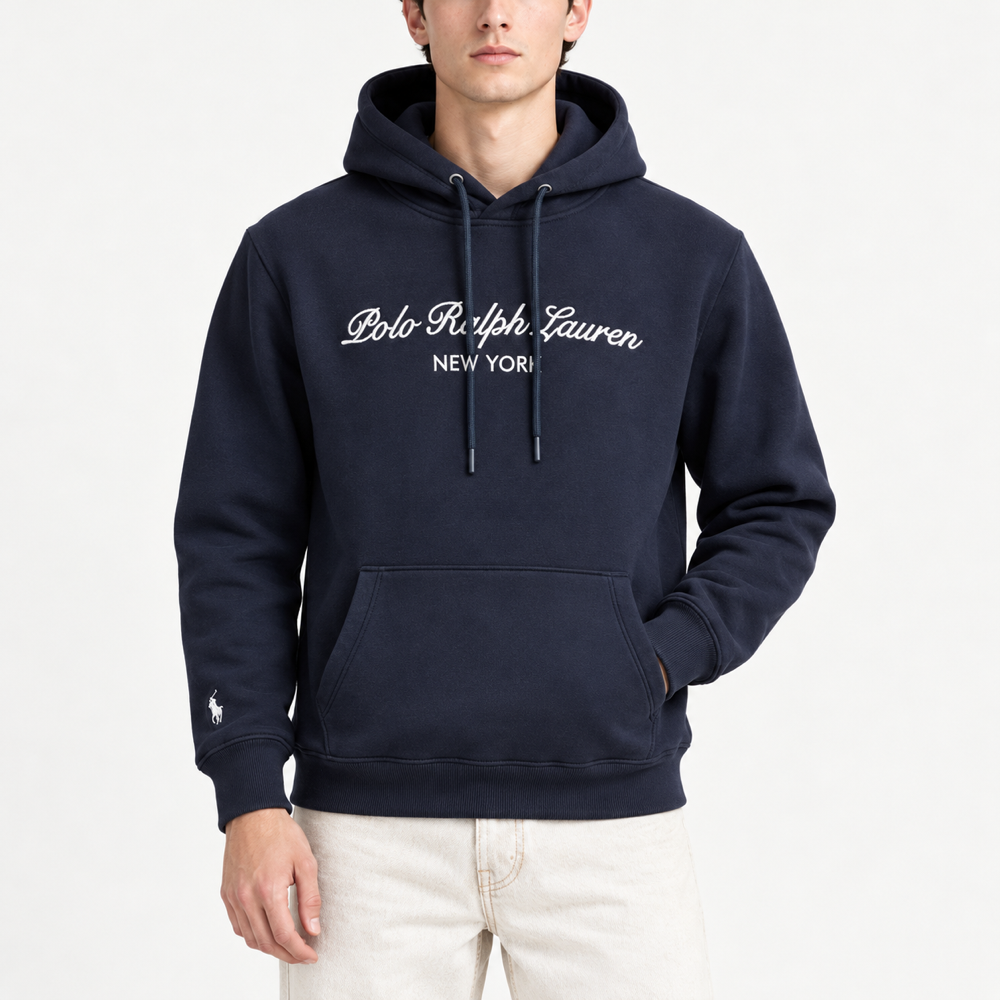 RL — Navy Embroidered Pullover Hoodie — front
