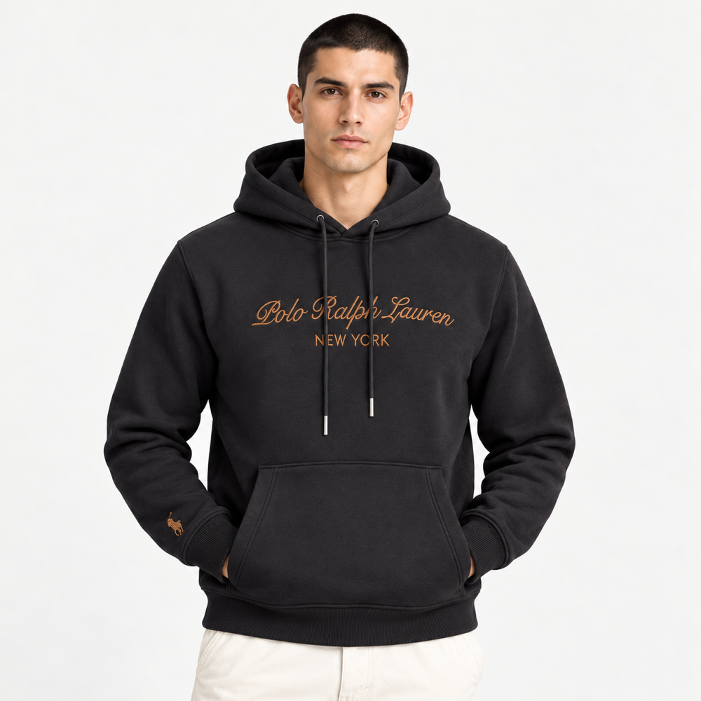 RL — Charcoal Bronze-Script Pullover Hoodie — front