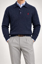 RL — Navy Cable-Knit Long-Sleeve Polo Pullover