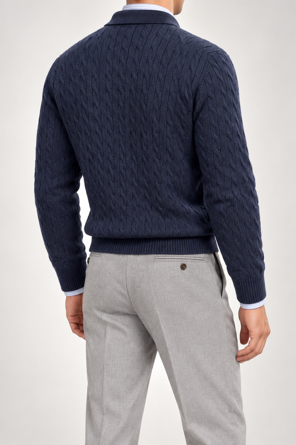 RL — Navy Cable-Knit Long-Sleeve Polo Pullover — back