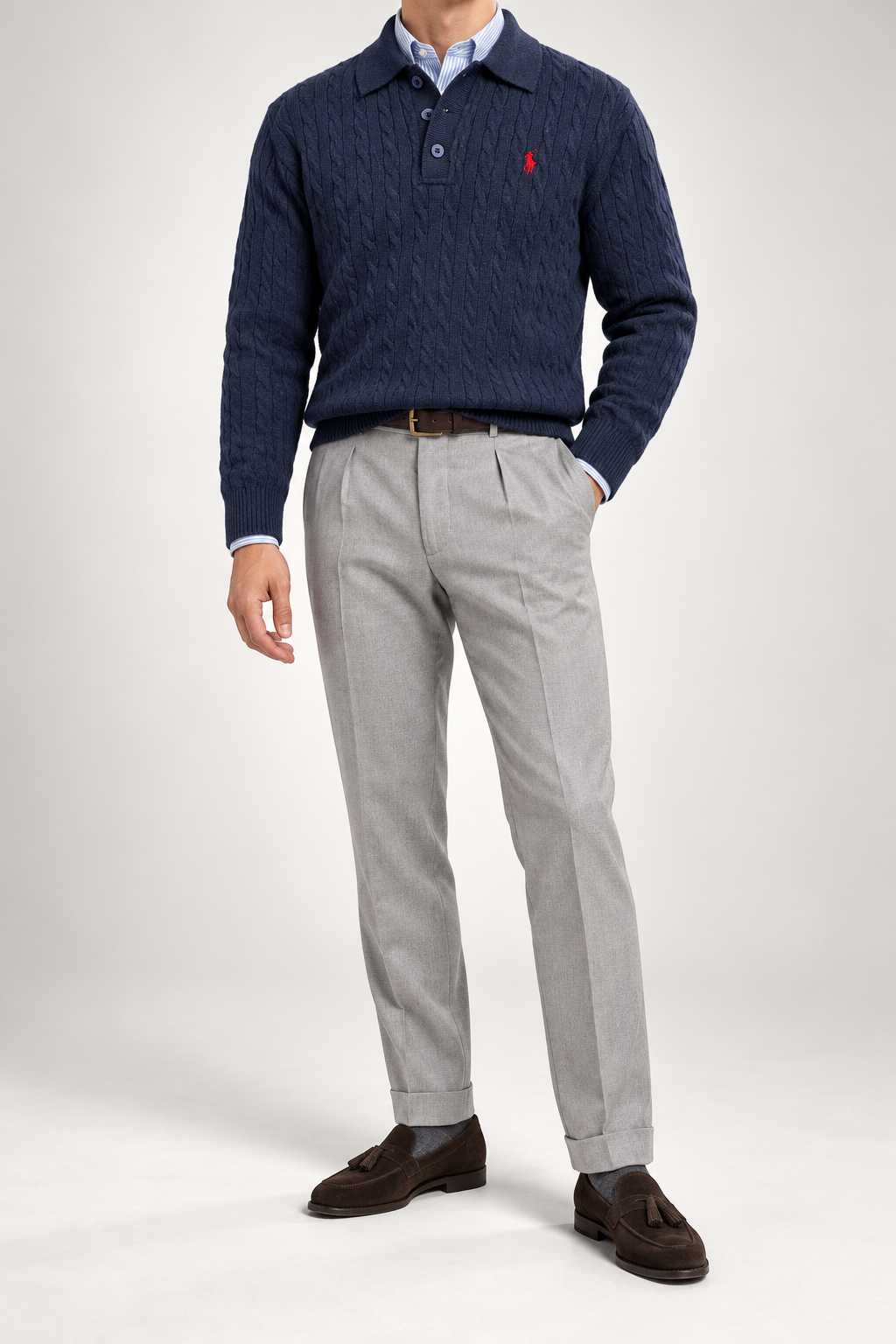 RL — Navy Cable-Knit Long-Sleeve Polo Pullover — additional