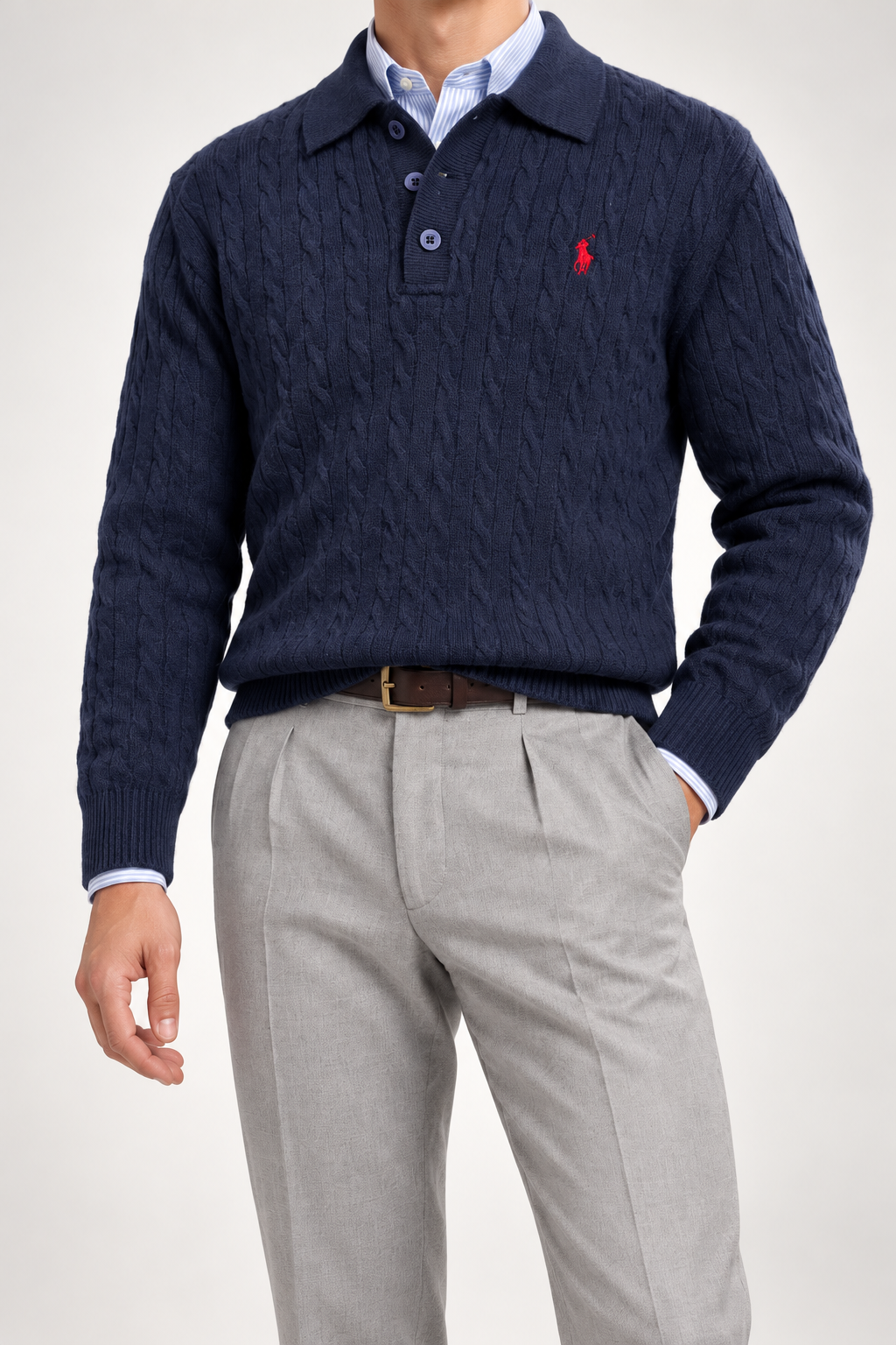 RL — Navy Cable-Knit Long-Sleeve Polo Pullover — additional