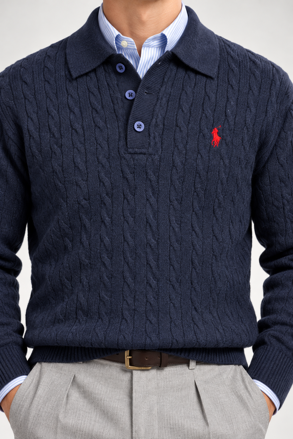 RL — Navy Cable-Knit Long-Sleeve Polo Pullover — additional