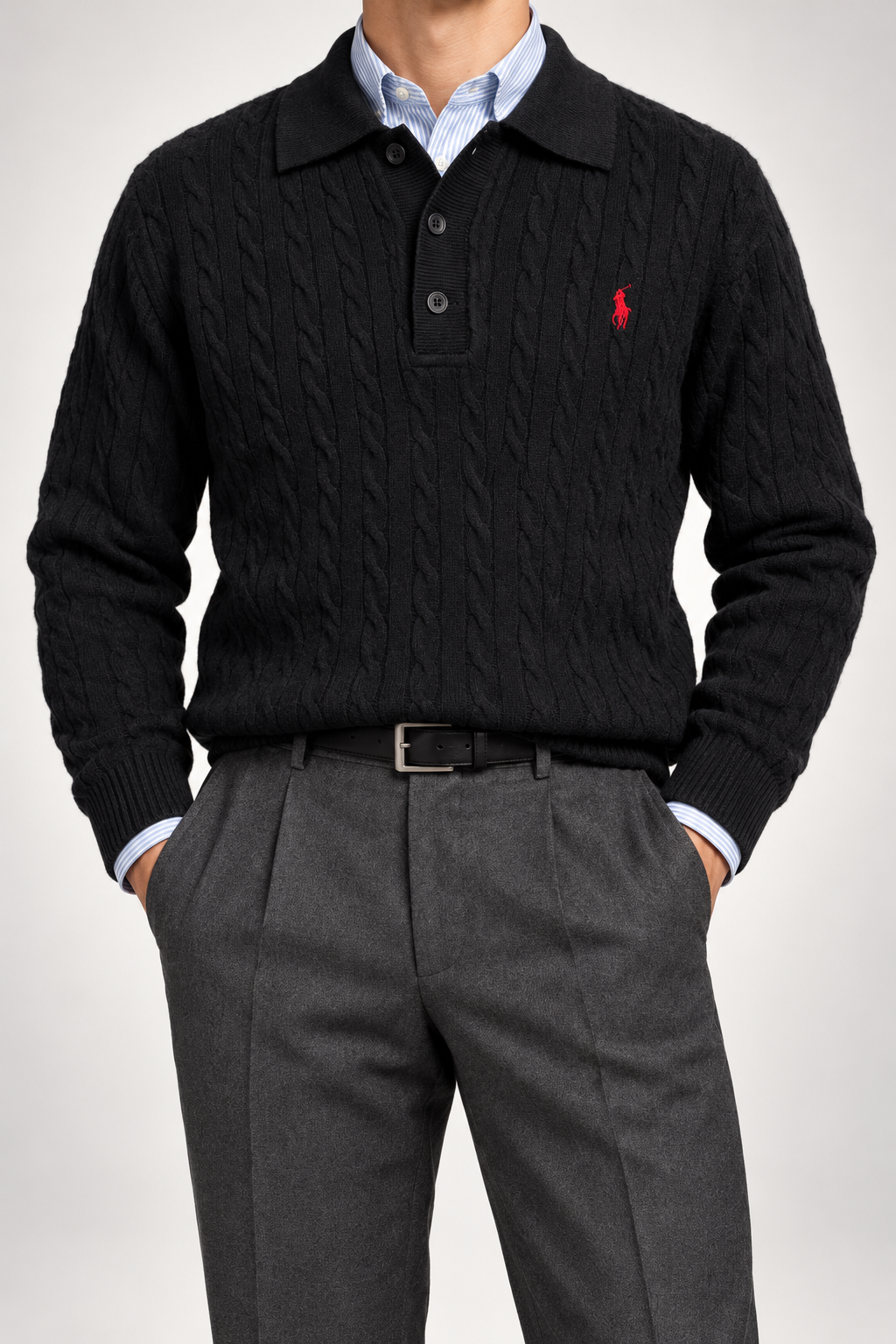 RL — Black Cable-Knit Long-Sleeve Polo Pullover — front