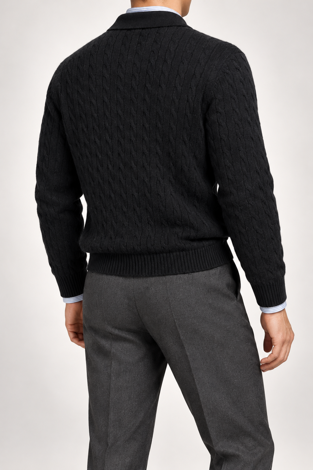 RL — Black Cable-Knit Long-Sleeve Polo Pullover — back