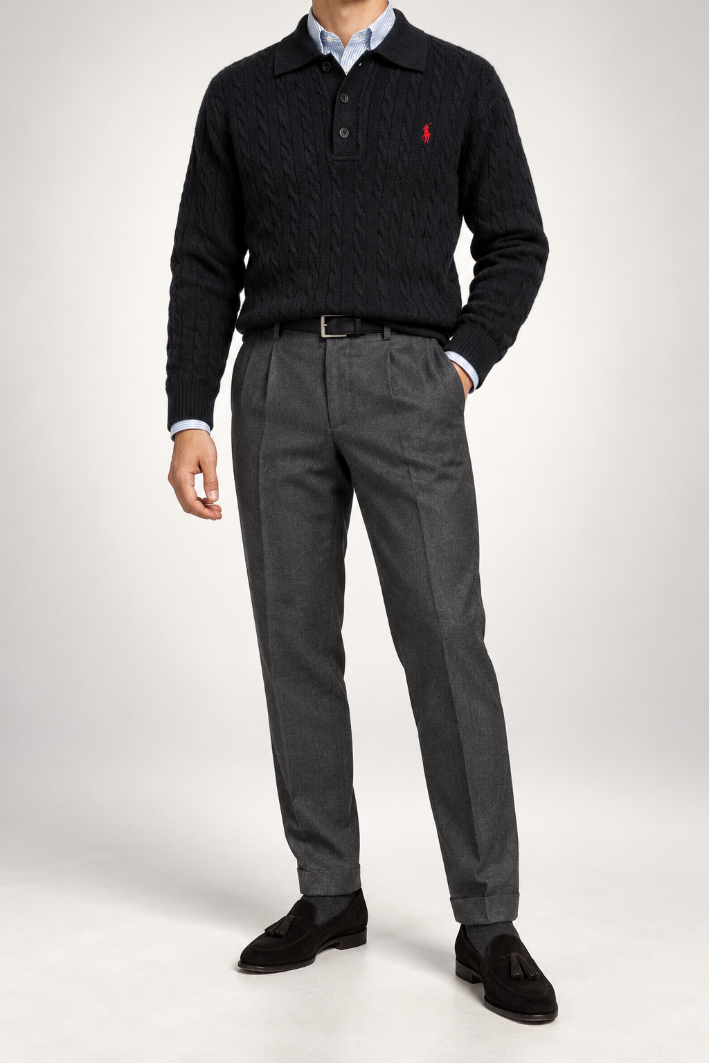 RL — Black Cable-Knit Long-Sleeve Polo Pullover — additional