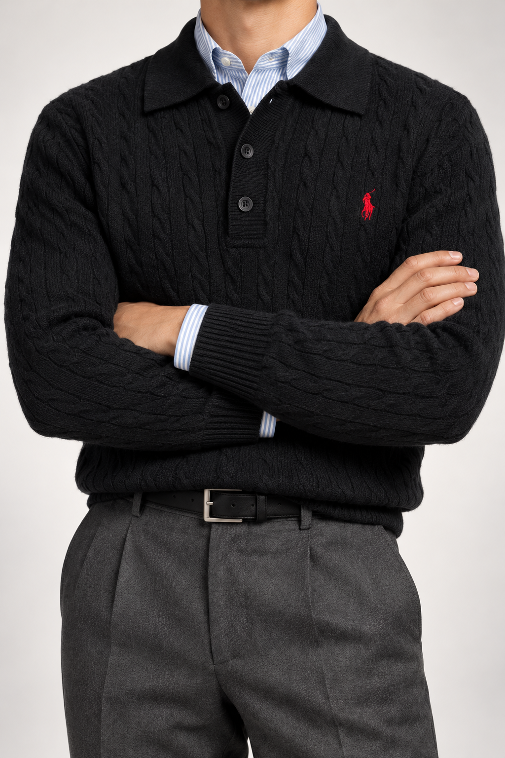 RL — Black Cable-Knit Long-Sleeve Polo Pullover — additional
