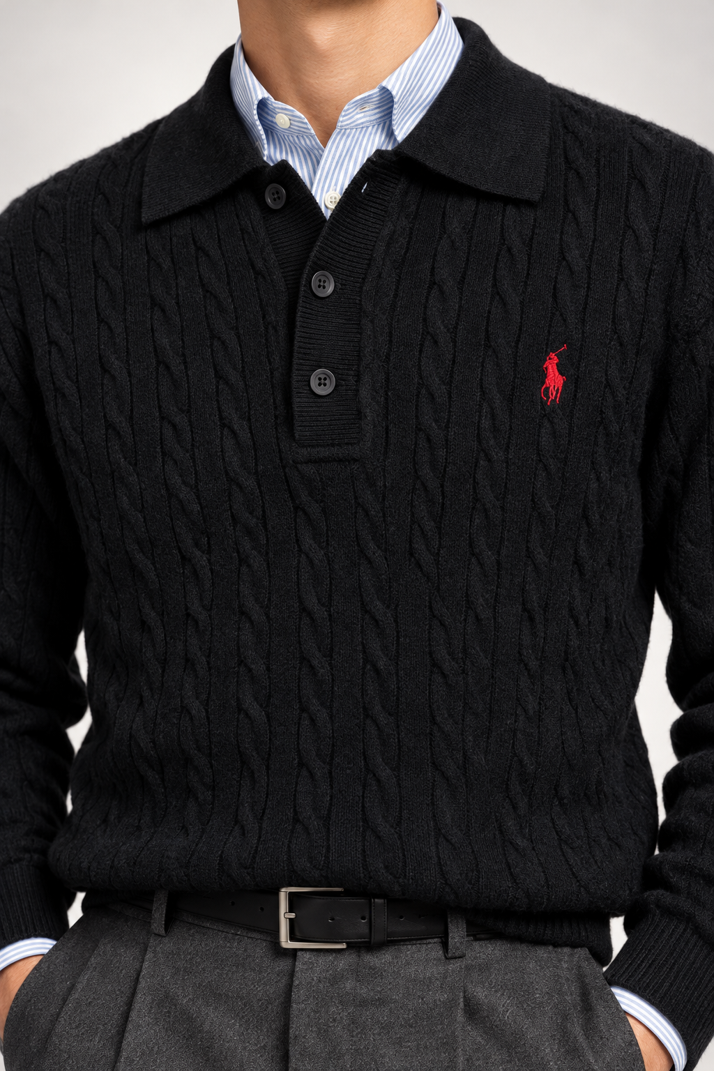 RL — Black Cable-Knit Long-Sleeve Polo Pullover — additional